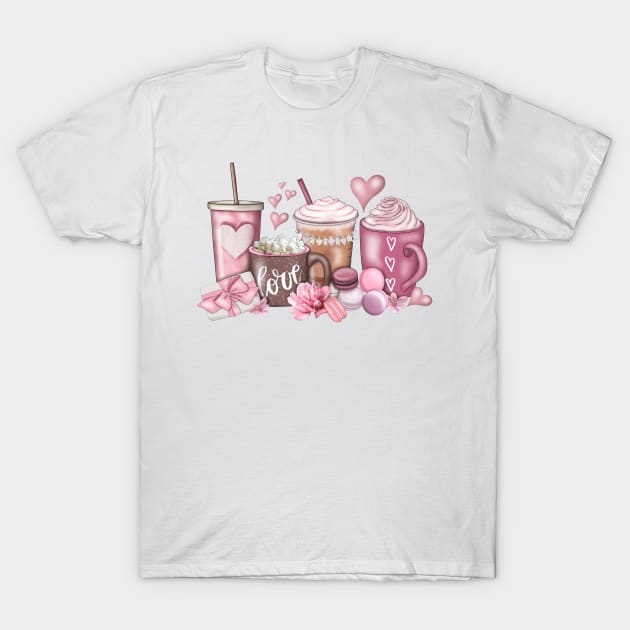 Coffee Valentine, Valentines Day, Hand Drawn, Valentine, Coffee Lover, Pink Coffee cups T-Shirt by Saraahdesign